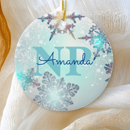 Adorno De Cerámica Corte Ice Blue Snowflake Nombre Personalizado Enfe