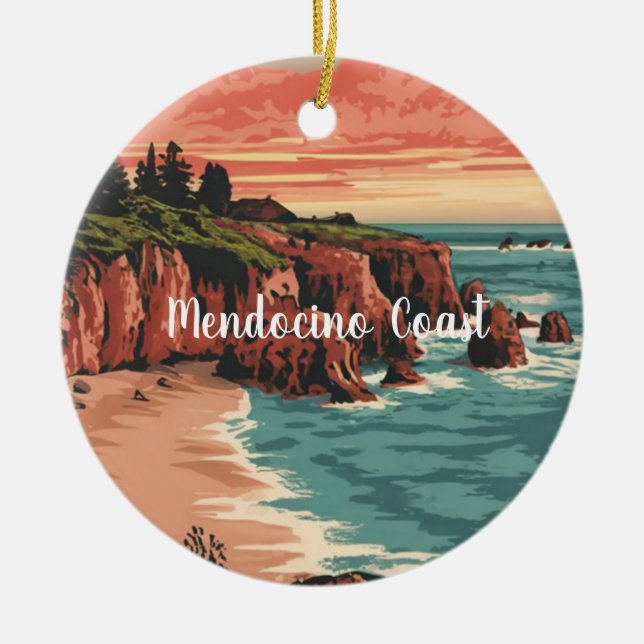 Adorno De Cerámica Costa Mendocino, acuarela retro de California (Frente)