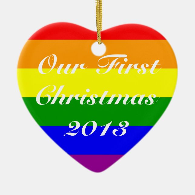 Adorno De Cerámica Costumized date Gay Married Couple First Christmas (Frente)