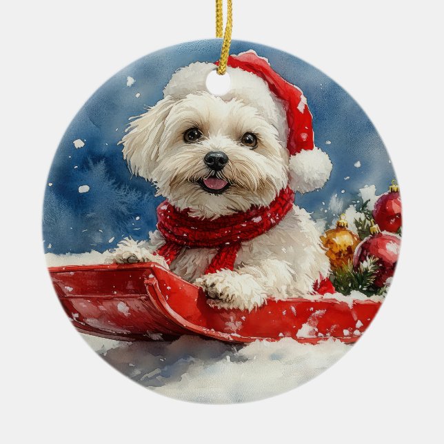 Adorno De Cerámica Coton De Tulear en Sledge Let it Snow Navidades (Frente)