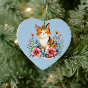 Adorno De Cerámica Cottagecore Gato Floral Serene Feline Arte Botánic