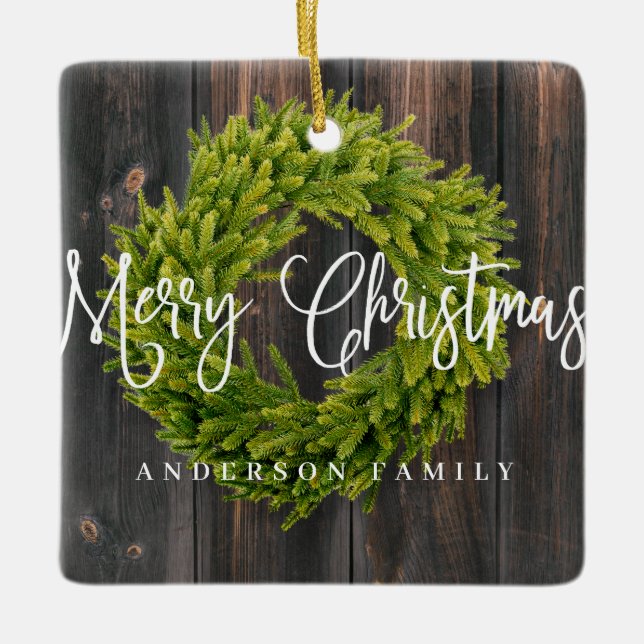 Adorno De Cerámica Country Rustic Wood Feliz de Navidad (Anverso)