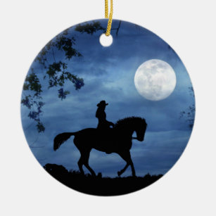 Adorno De Cerámica Country Western Cowgirl y Horse Full Moon