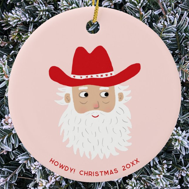 Adorno De Cerámica Cowboy Santa Claus Christmas Custom Text (Fun Cowboy Santa Claus Western themed Christmas Holiday ceramic ornament with custom text)