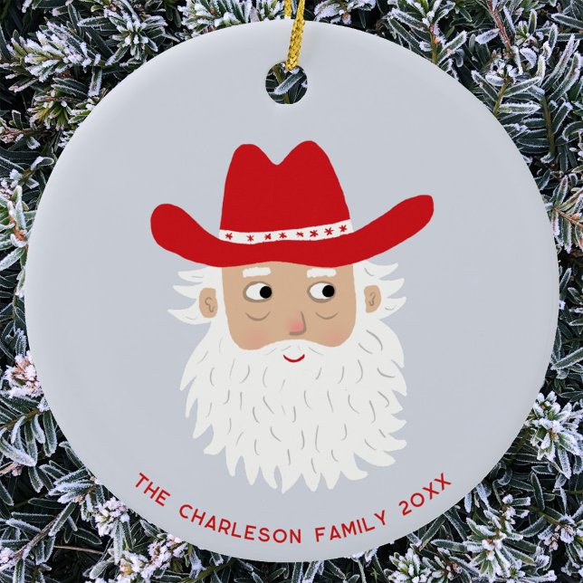 Adorno De Cerámica Cowboy Santa Claus Christmas Custom Text (Fun Cowboy Santa Claus Western themed Christmas Holiday ceramic ornament with custom text)