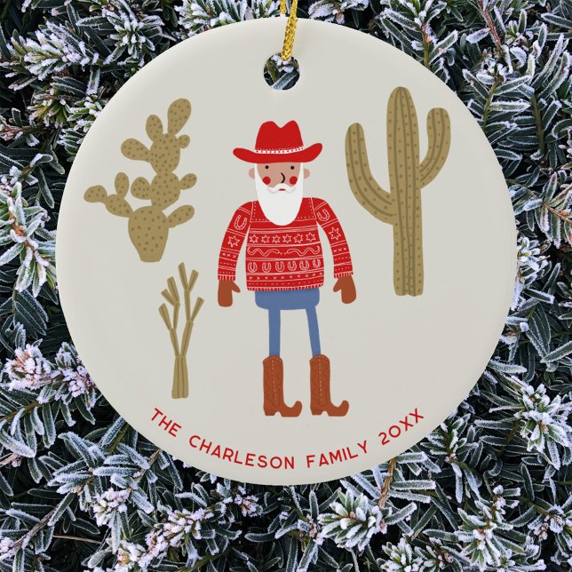 Adorno De Cerámica Cowboy Santa Claus Christmas Custom Text (Fun Cowboy Santa Claus Western Christmas Holidays personalized name date ceramic ornament)