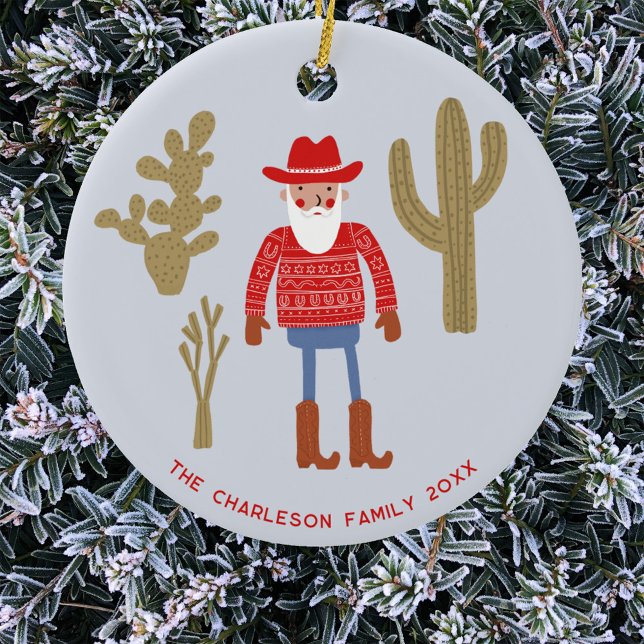 Adorno De Cerámica Cowboy Santa Claus Christmas Custom Text (Fun Cowboy Santa Claus Western Christmas Holidays personalized name date ceramic ornament)