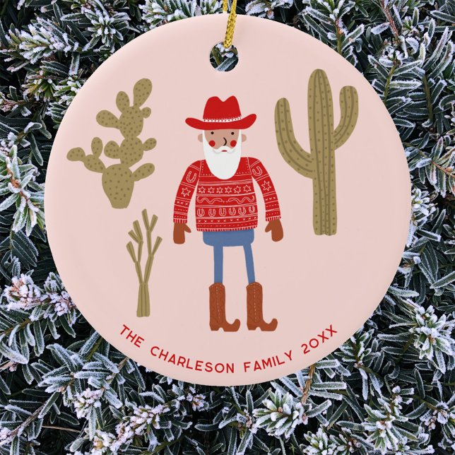 Adorno De Cerámica Cowboy Santa Claus Christmas Custom Text (Fun Cowboy Santa Claus Western Christmas Holidays personalized name date ceramic ornament)