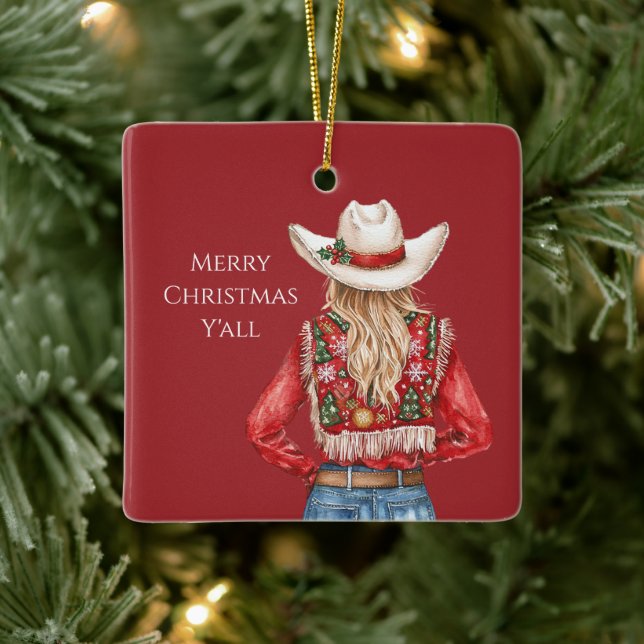 Adorno De Cerámica Cowgirl Western Blond Hair Christmas   (Árbol)