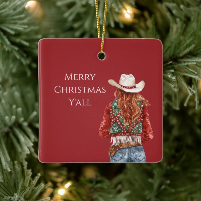 Adorno De Cerámica Cowgirl Western Red Hair Christmas   (Árbol)