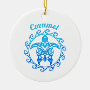 Adorno De Cerámica Cozumel de tortuga tribal azul oceánica