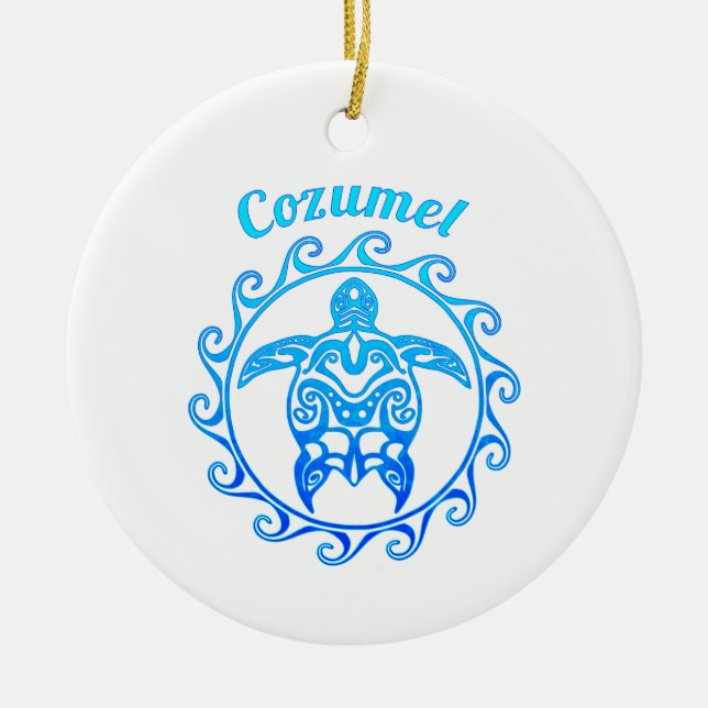 Adorno De Cerámica Cozumel de tortuga tribal azul oceánica (Frente)