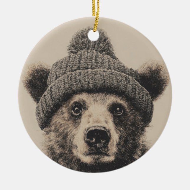 Adorno De Cerámica Cozy Bear in Beanie - Cute Winter Animal  (Frente)