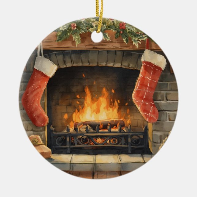 Adorno De Cerámica Cozy Christmas Fireplace Ornament | Personalized  (Frente)