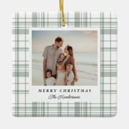 Adorno De Cerámica Cozy Flannel Plaid Christmas Photo Card - Green