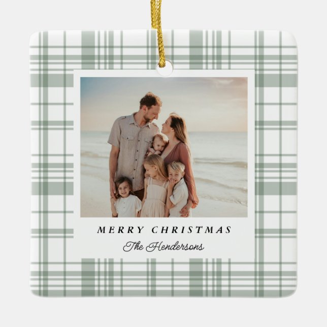 Adorno De Cerámica Cozy Flannel Plaid Christmas Photo Card - Green (Anverso)