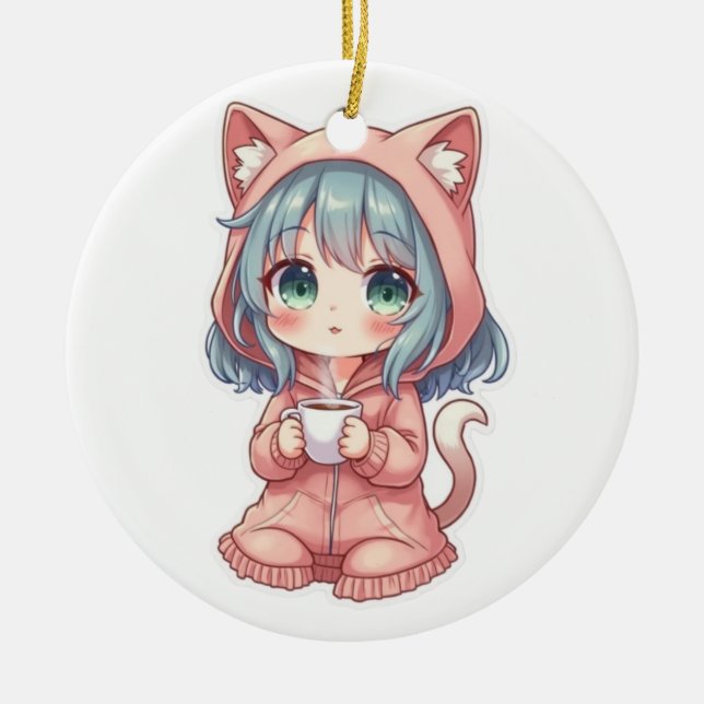 Adorno De Cerámica Cozy Kawaii Anime Girl with Cat Hoodie – Hot Drink (Frente)