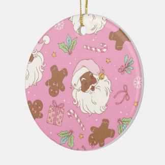 Adorno De Cerámica Cozy Pink Pastel Black Santa & Bow Christmas