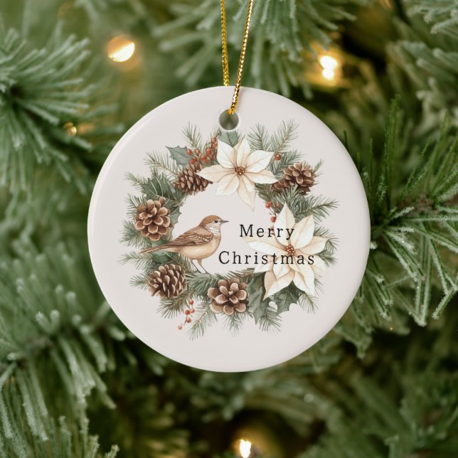 Adorno De Cerámica Cozy Warm Christmas Poinsettia Pine Cones Bird (Árbol)
