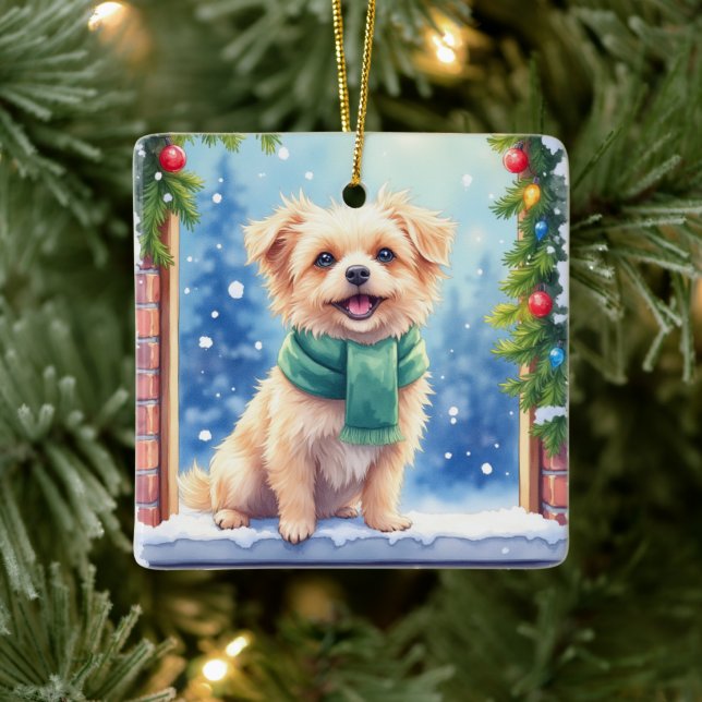 Adorno De Cerámica Cozy Watercolor Affenpinscher Christmas Snowy (Árbol)