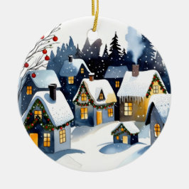 Adorno De Cerámica Cozy Winter Village Watercolor Christmas Round