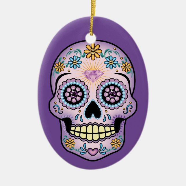 Adorno De Cerámica Cráneo de azúcar morado (Frente)