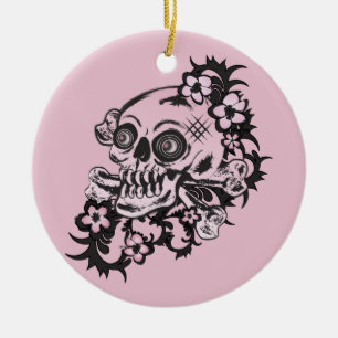 Adorno De Cerámica Cráneo de tatuajes rosados