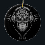 Adorno De Cerámica Cráneo del azúcar de DJ - negro<br><div class="desc">DJ elaborado azucara el diseño del cráneo adornado con remolinos y modelos de punto complejos. Los auriculares se sientan encima del cráneo con dos alambres que cuelgan abajo. Las líneas y los círculos del complejo son negro sólido mientras que el interior del cráneo se acaba con las sombras destacadas del...</div>
