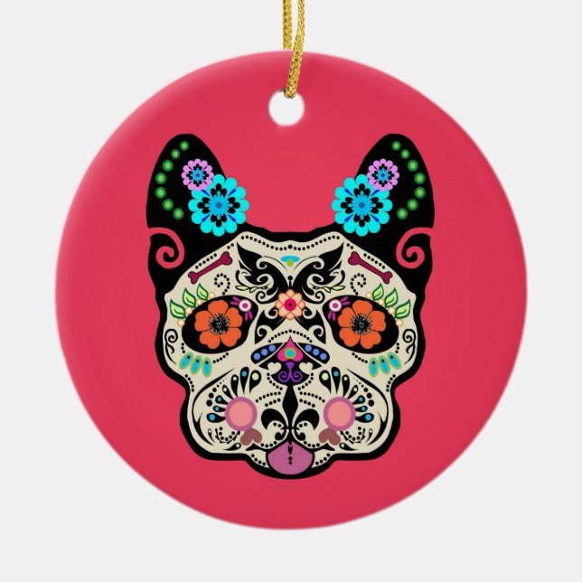 Adorno De Cerámica Cráneo Frenchie - rosa del azúcar (Frente)