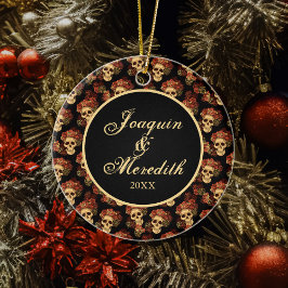 Adorno De Cerámica Cráneo gótico Monograma Rojo Negro Halloween