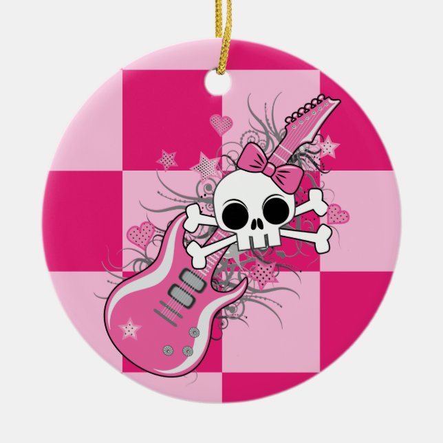 Adorno De Cerámica Cráneo lindo con guitarra rosa (Frente)