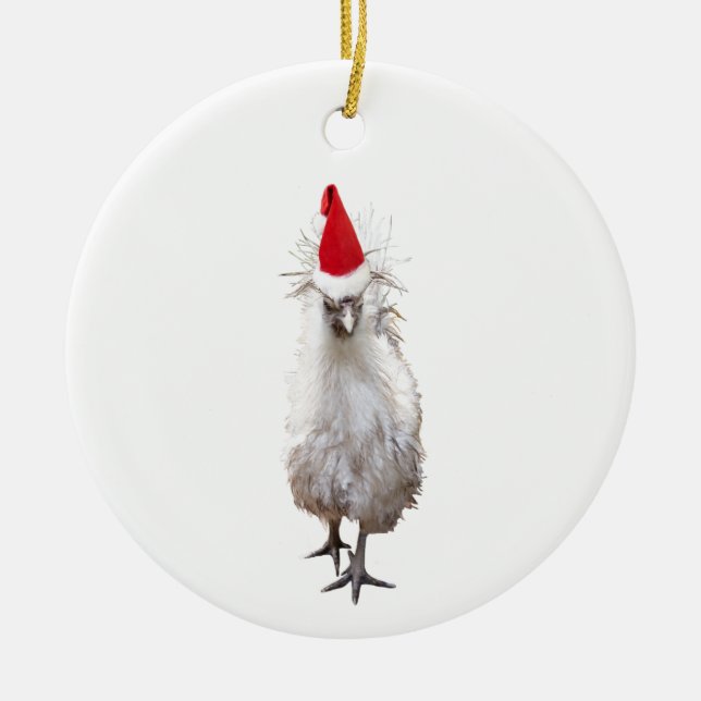 Adorno De Cerámica Cranky Silkie Bantam Chicken Santa Hat Navidades (Frente)