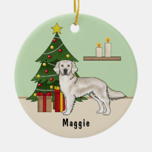 Adorno De Cerámica Cream English Golden Retriever with Christmas Tree