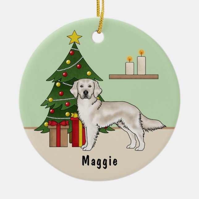 Adorno De Cerámica Cream English Golden Retriever with Christmas Tree (Frente)