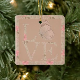 Adorno De Cerámica Cream Pink Love Butterfly Floral