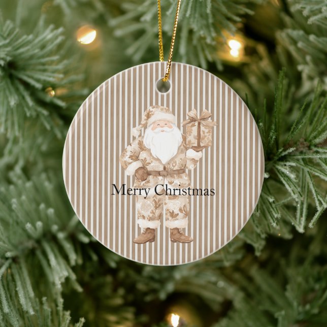 Adorno De Cerámica Cream White Stripes Santa Christmas (Árbol)