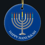 Adorno De Cerámica Create Your Own Hanukkah Menorah<br><div class="desc">Create Your Own Hanukkah Menorah Ceramic Ornament. Menorah with nine candles and star of David on a blue festival of lights background on the front and back of the ornament. Happy holiday greetings and name of the family on the back. Place your own text, as desired. Choose the shape of...</div>