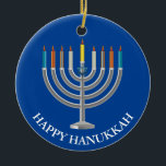 Adorno De Cerámica Create Your Own Hanukkah Menorah<br><div class="desc">Create Your Own Hanukkah Menorah Ceramic Ornament. Menorah with nine candles and star of David on a blue festival of lights background on the front and back of the ornament. Happy holiday greetings and name of the family on the back. Place your own text, as desired. Choose the shape of...</div>