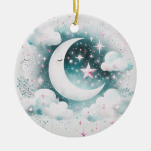 Adorno De Cerámica Creciente Luna Celeste Boho Moderno Azul y Blanco