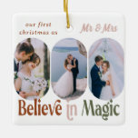 Adorno De Cerámica Creer en la magia sonó fotos Lozenge de cualquier<br><div class="desc">Cree en el ornamento de fotos mágicas para recién casados en primera Navidad - o puede editar la redacción para cualquier ocasión. El diseño incluye 6 fotos y también puede cambiar el color del texto y el fondo. Sus fotos se muestran en formato retrato 16:9 y la plantilla de la...</div>