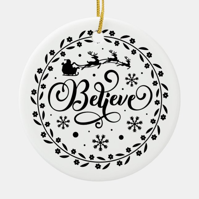 Adorno De Cerámica "Creer" Navidades de Santa Claus Volando en Sleigh (Frente)