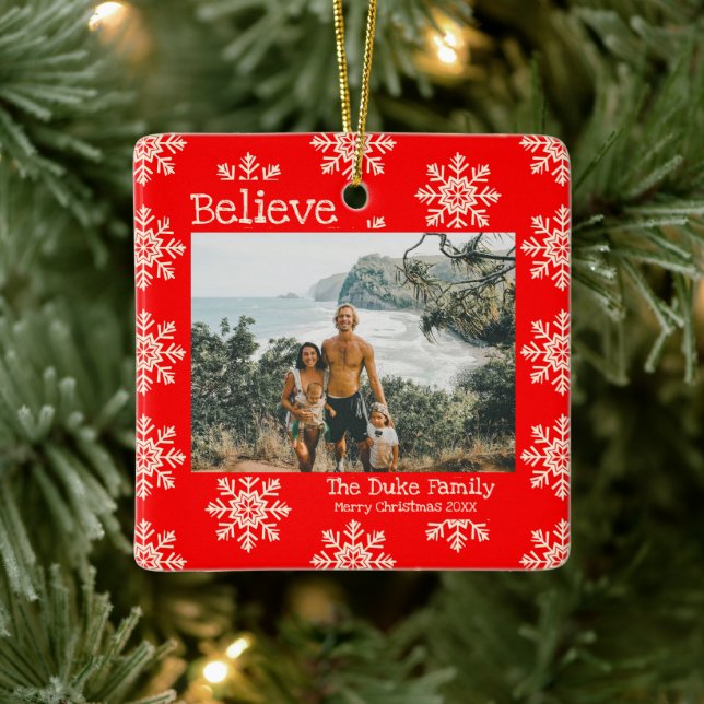 Adorno De Cerámica Creer Navidades Foto de la familia Red Snowflakes (Árbol)
