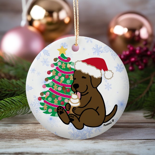 Adorno De Cerámica Crema de hielo personalizada de chocolate labrador (Personalized Chocolate Labrador Ice Cream Christmas Ornament for Labrador Owners.  Cartoon Style.)