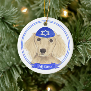Adorno De Cerámica Crema inglesa personalizada Dachshund Dog Hanukkah
