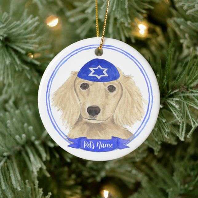 Adorno De Cerámica Crema inglesa personalizada Dachshund Dog Hanukkah (Árbol)