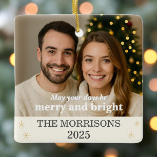 Adorno De Cerámica Crema Neutral & Gold Family Photo Snowflake