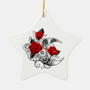 Adorno De Cerámica Crescente Mecánico con Rosas Rojas