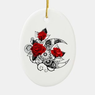 Adorno De Cerámica Crescente Mecánico con Rosas Rojas