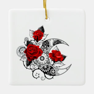 Adorno De Cerámica Crescente Mecánico con Rosas Rojas