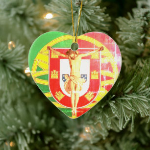 Adorno De Cerámica Cristo sobre la bandera portuguesa